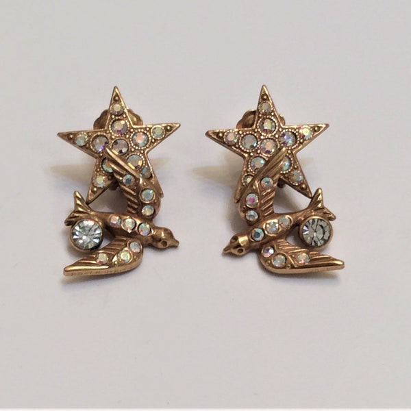 Vintage Kirks Folly Bird in Flight with Stars Clip Earrings Sparkly and Fanciful Designer Signed Hard to Find!