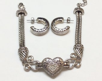 Silver Tone Heart Bracelet & Scroll Earrings Set