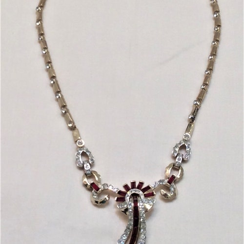 VTG Fabulous Corocraft Choker Necklace Art Deco shops Gold Tone Setting Holds Ruby Red Baguettes & Clear Rhinestones