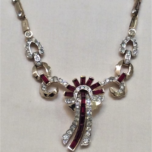 VTG Fabulous Corocraft Choker Necklace Art Deco shops Gold Tone Setting Holds Ruby Red Baguettes & Clear Rhinestones