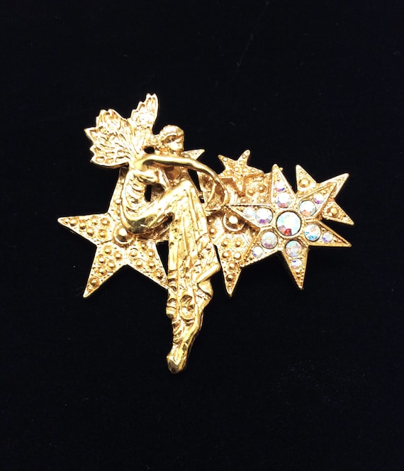 Vintage Signed Kirks Folly Star Fairy Gold Tone B… - image 1