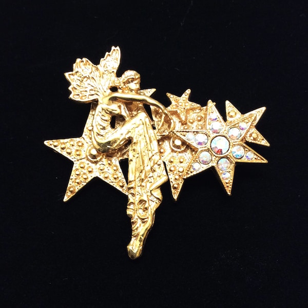 Vintage Signed Kirks Folly Star Fairy Gold Tone Brooch Fantasy Design With AB Rhinestone Star Hard To Find Brooch