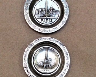 Vintage Paris France Miniature Souvenir Collectors Metal Plates Raised Relief Designs of Famous Tourist Destinations 1 5/8" Diameter