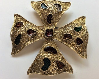 Vintage Mid Century Maltese Cross Brooch: Textured Gold Tone with Enamel