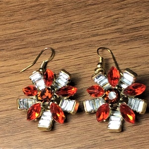 Vintage Rhinestone Dangle Earrings: Red & Clear Baguette Flower Design