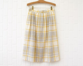 Vintage 70s/80s high-waisted pleated plaid skirt by Sevil Petites | Yellow & grey plaid midi skirt | Size Medium