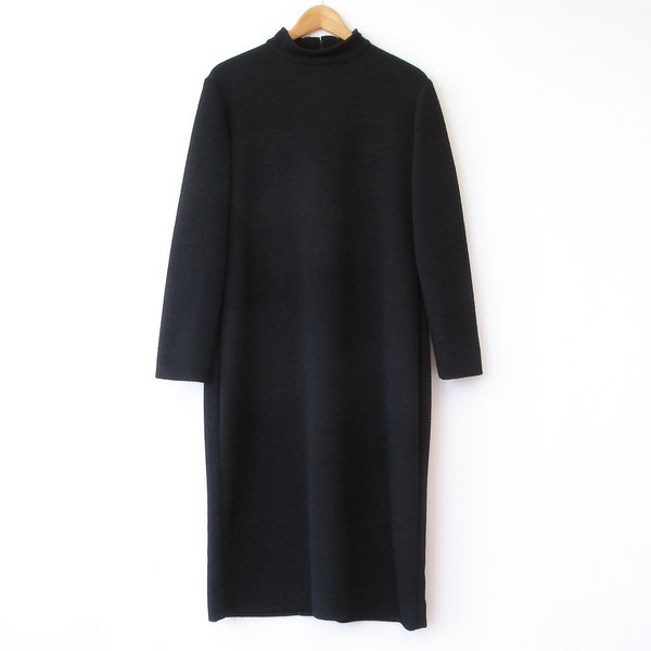 Black textured mock turtleneck dress | Long sleeve minimalist midi dress | Size Large/X-Large