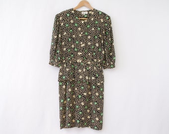 Vintage 80s floral silk dress by Rouie | Black & white peplum dress | Size Small