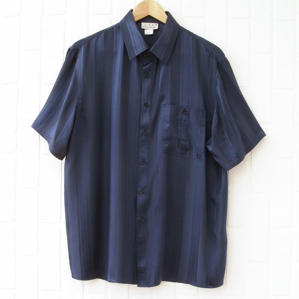 Vintage navy blue striped silk short sleeve button down | Boxy shirt | 100% silk | Size Large