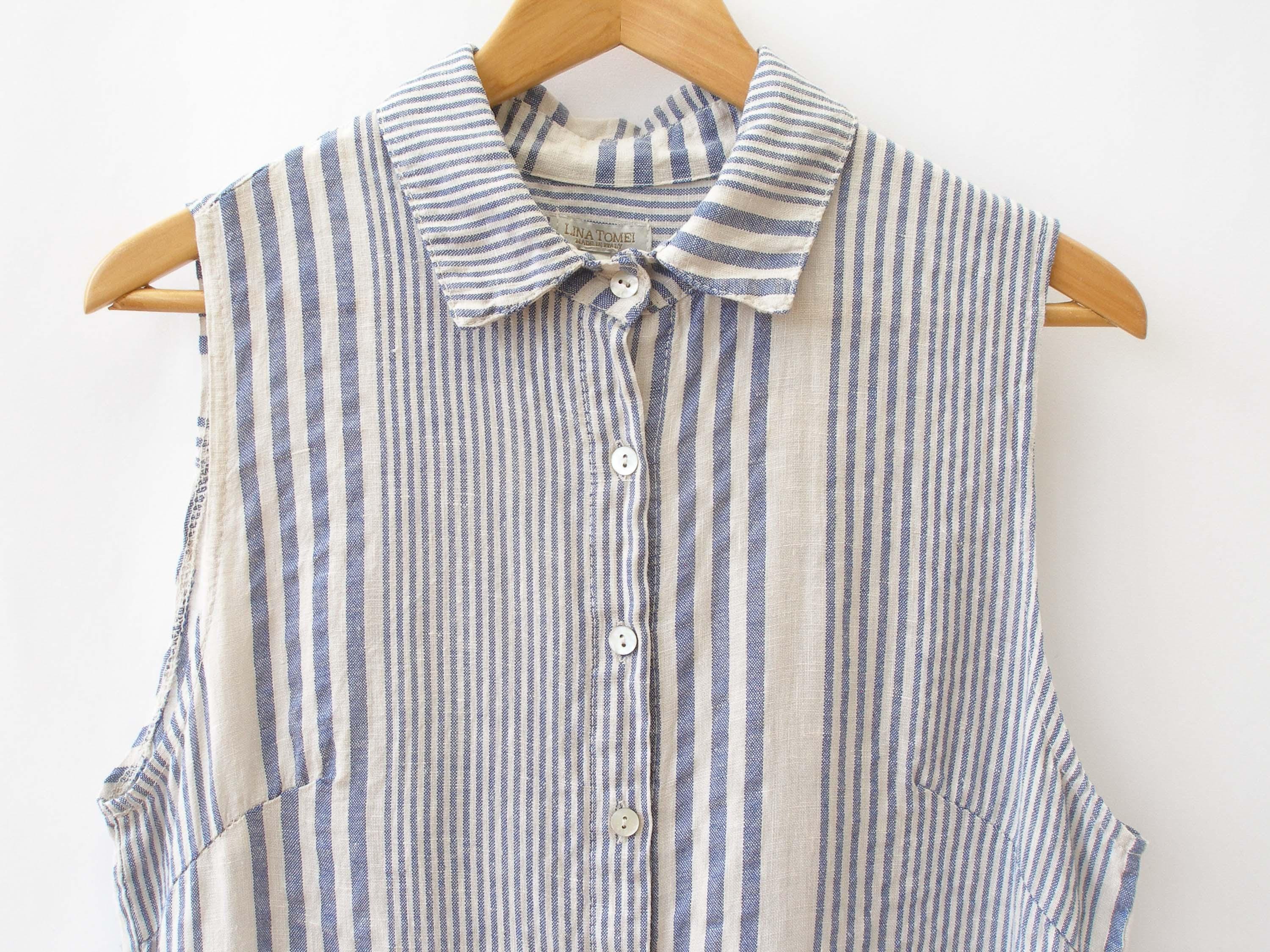 Striped Sleeveless Linen Blend Dress by Lina Tomei | Button Shift Dress | Size Medium/Large