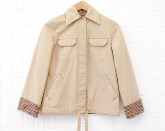 Vintage khaki jacket by Alvino for Alrich | Collared fall coat with plaid lining | Retro 1970s | Size X-Small (0 or 2)