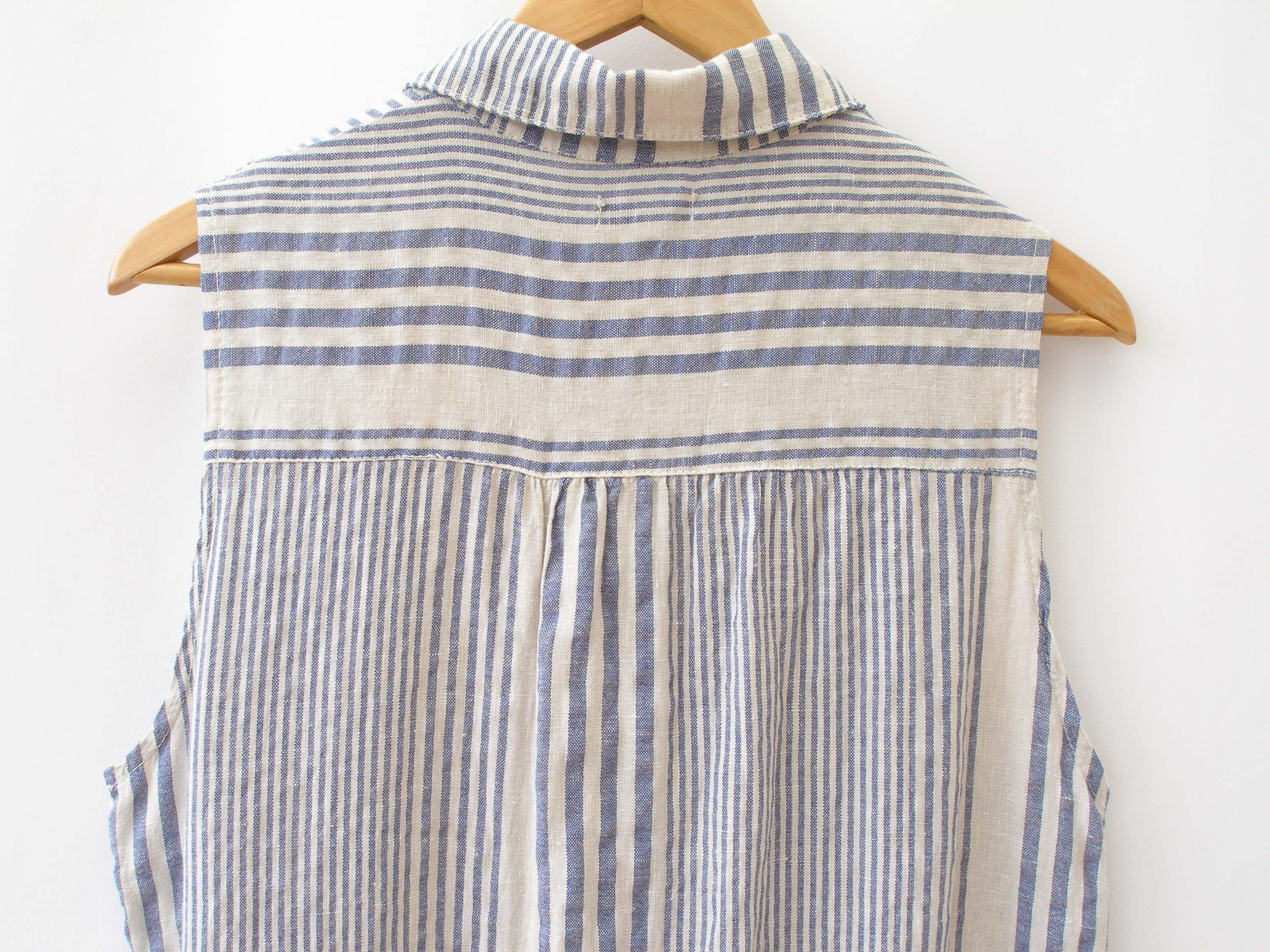 Striped sleeveless linen blend dress by Lina Tomei | Button shift dress | Size Medium/Large Striped sleeveless linen blend dress by Lina Tomei | Button shift dress | Size Medium/Large