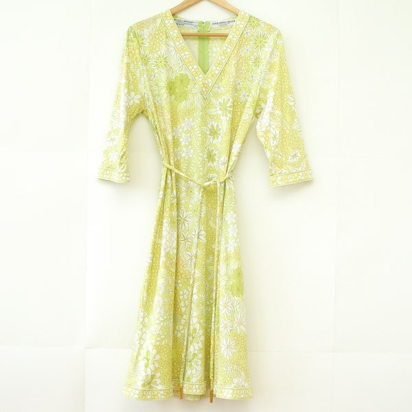 70s style floral cotton tie dress by Averardo Bessi | Light lime green & yellow long summer dress | Medium / size 10