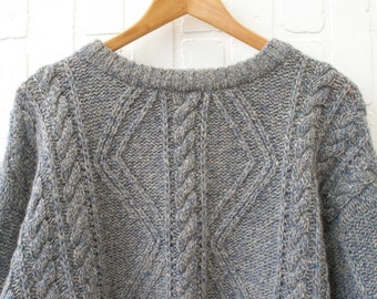 Vintage men's cable sweater | 100% wool blue grey cable pullover | Oversized large