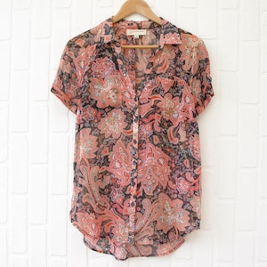Sheer button up blouse by Jones New York | Oversized flowy boho paisley top | Size Small/Medium