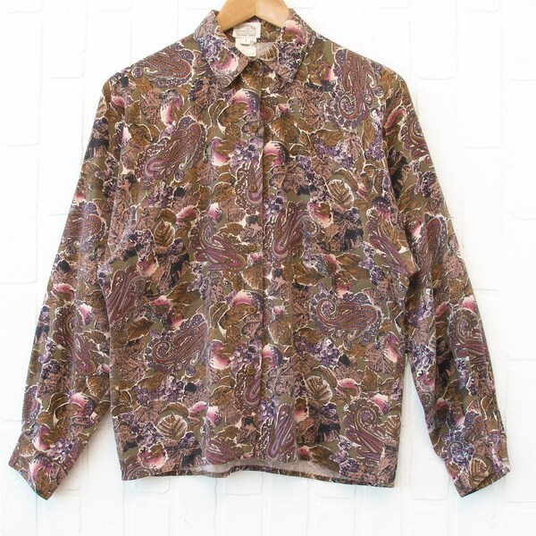 Vintage button down by Kettle Creek | Brown paisley & leaf pattern | Cotton blend | Size Small/Medium | 1990s clothing | Made in Canada