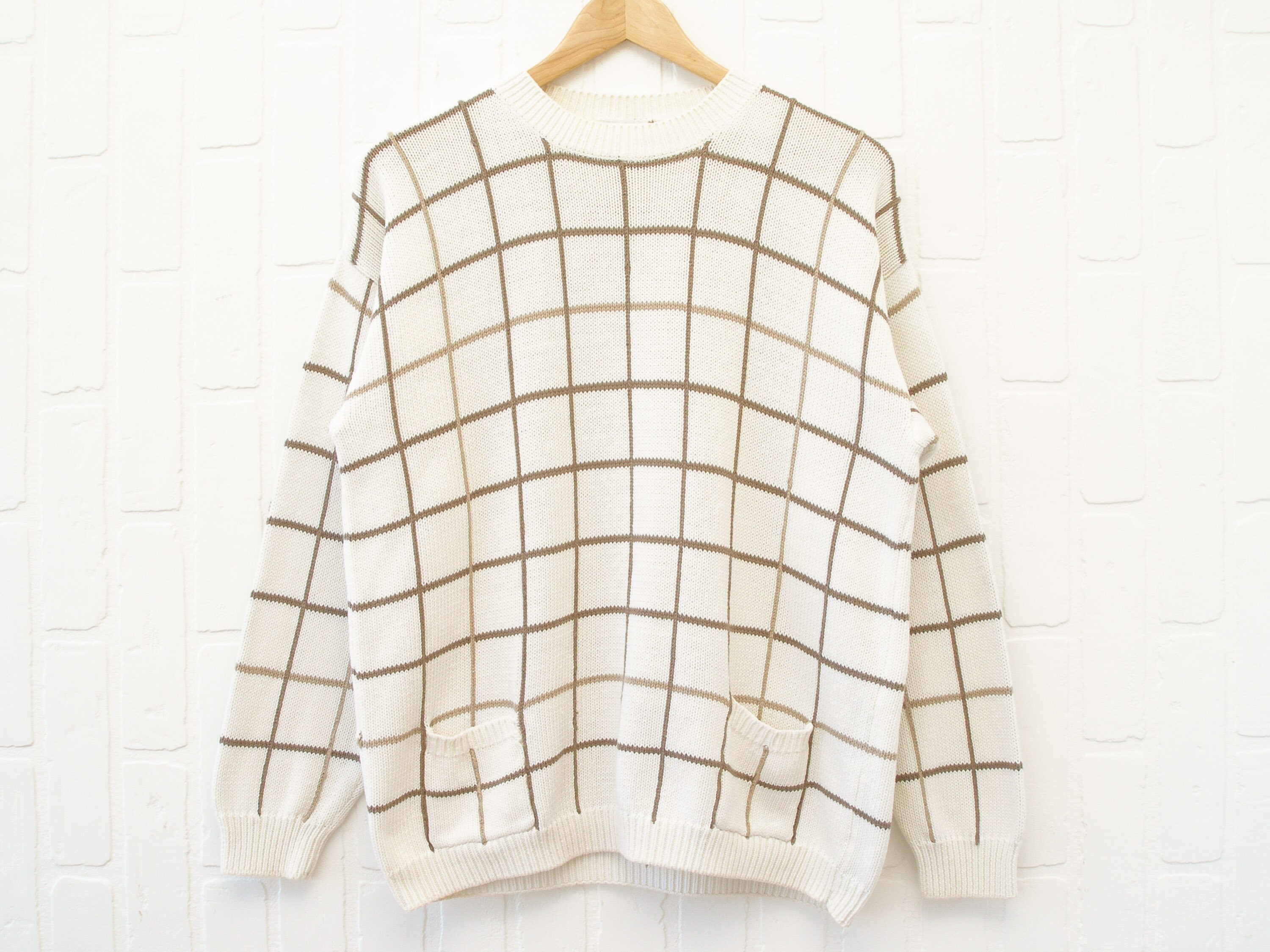 HermanLangen Vintage 1980s Window Pane Plaid Sweater with Pockets | 100% Cotton Knit White Pullover with Grey \u0026 Beige Stripes | Size Small/Medium