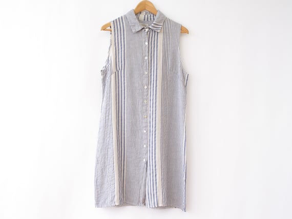 Striped sleeveless linen blend dress by Lina Tomei | Button shift dress | Size Medium/Large