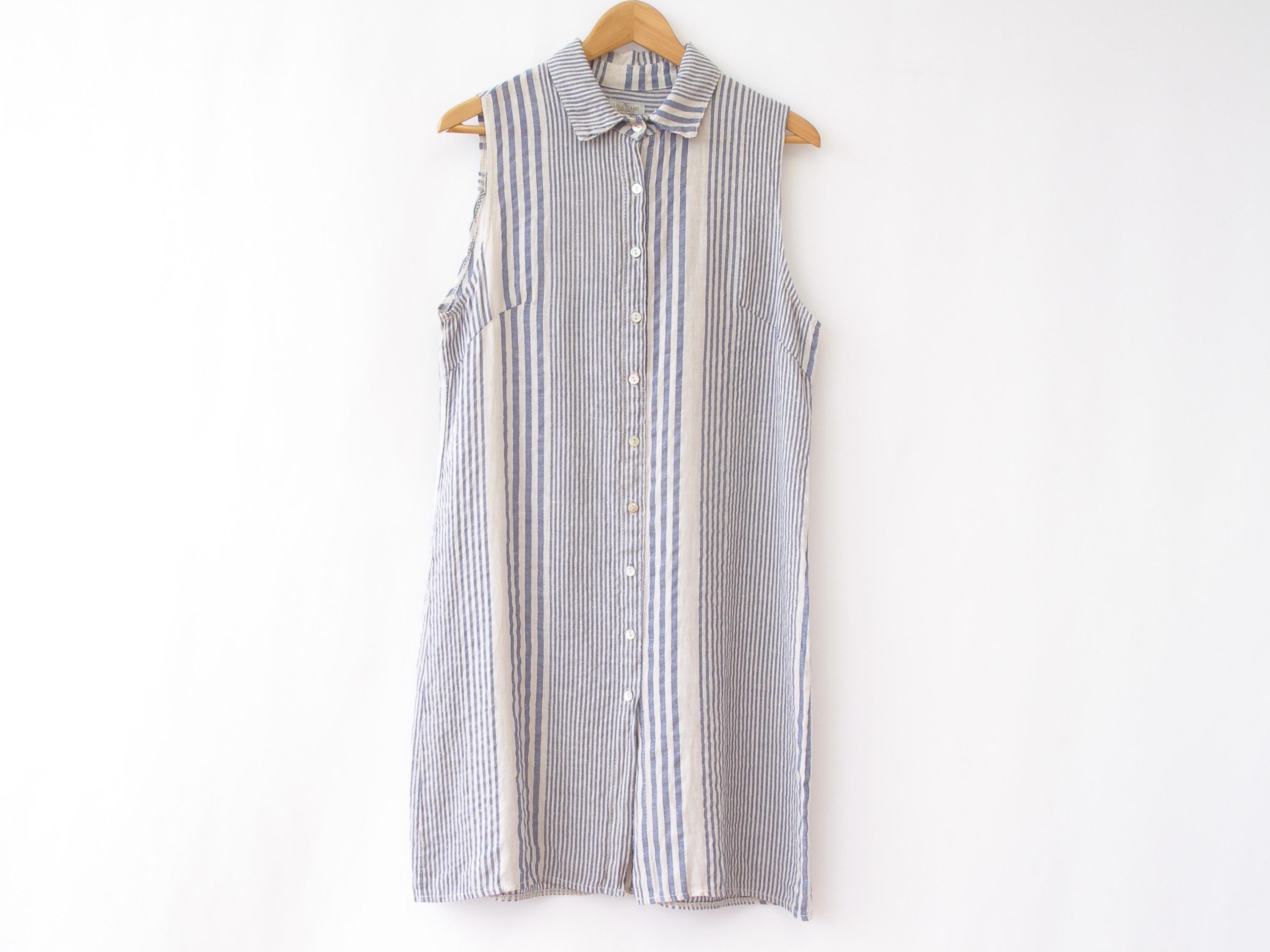 Striped sleeveless linen blend dress by Lina Tomei | Button shift dress | Size Medium/Large