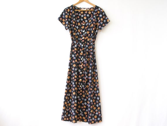 Navy blue floral dress with tie | Long flowy button up dress | Size Medium/Large