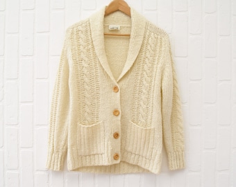 Vintage Cream Cable Knit Cardigan: Boucle Shawl Collar, Size Small