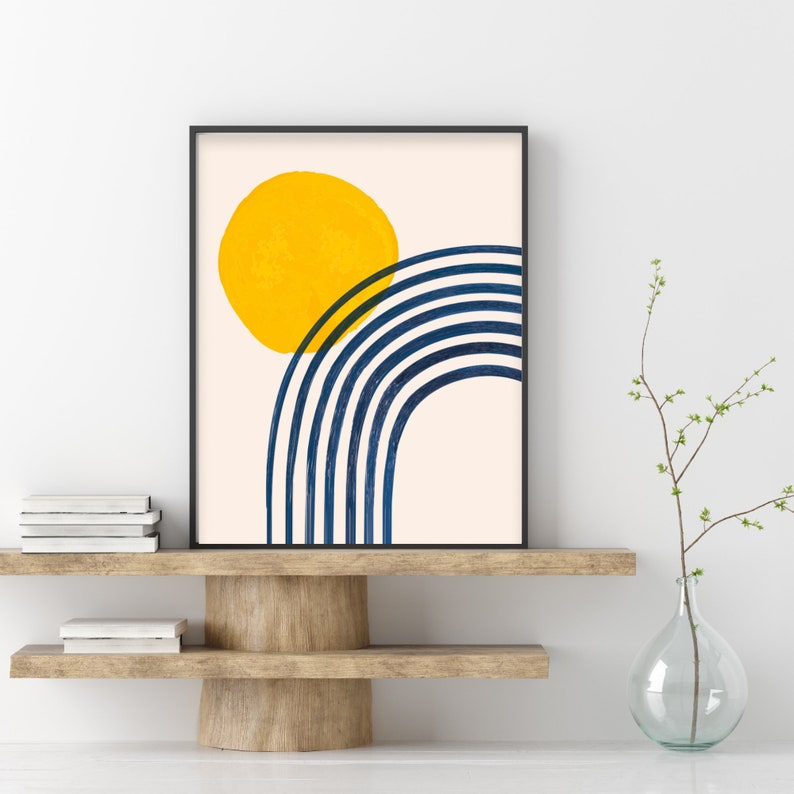 On The Hill, Boho Wall Prints, Rustic Wall Art, Retro Sun Drawing, Minimal Botanical Art, Mid Century Art image 1