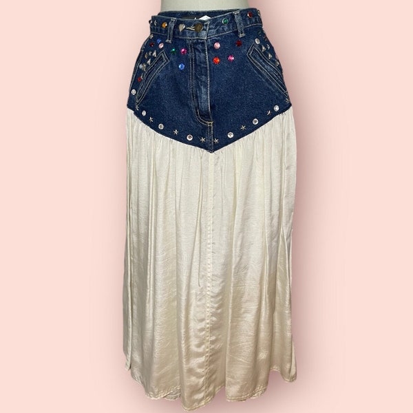 Vintage 80s Denim and Cotton Midi Skirt