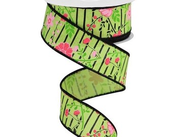 1.5" floral ribbon-green ribbon-spring ribbon-country ribbon-striped ribbon-flower ribbon-Easter ribbon