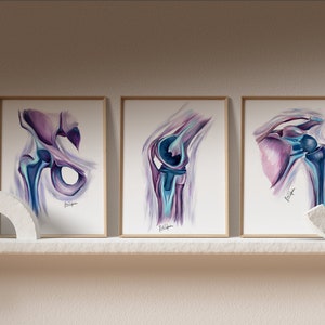 Set di 3 stampe artistiche di anatomia ortopedica - pittura a olio di ossa - anatomia di ossa, ginocchio, spalla e anca - galleria d'arte ortopedica