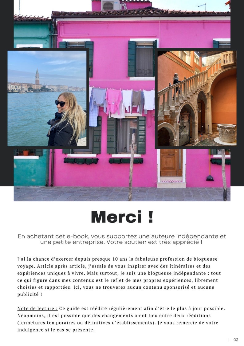 May include: A pink building with a green building in the background. The pink building has a wooden door and windows with green shutters. There are clothes hanging on a clothesline in front of the building. The text "Merci!" is at the top of the image. The text below the image reads "En achetant cet e-book, vous supportez une auteure ind&eacute;pendante et une petite entreprise. Votre soutien est tr&egrave;s appr&eacute;ci&eacute;!"