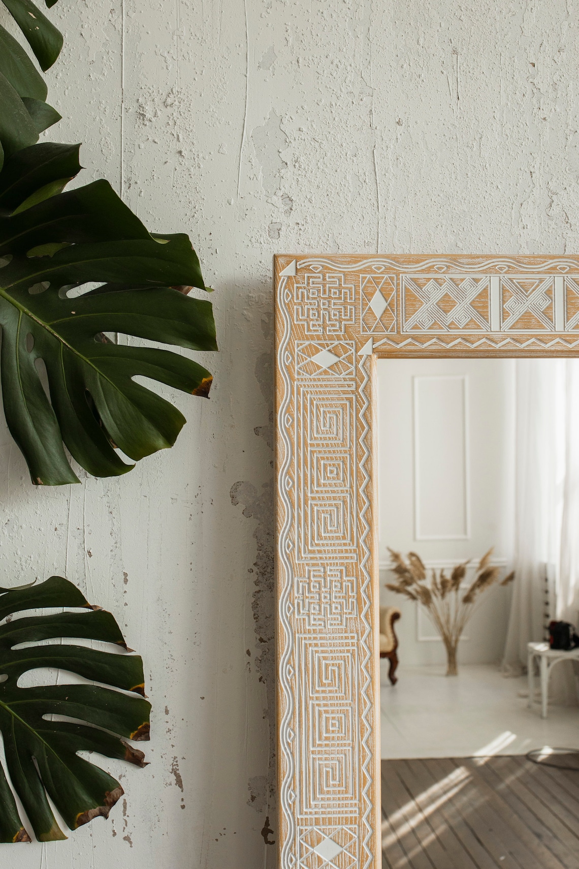 Wooden frame mirror Toetra Beige boho mirror ethnic mirror Etsy