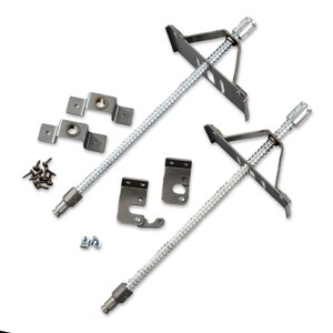 May include: A set of metal drywall anchors with screws. The kit includes two long, flexible rods with adjustable brackets, several smaller brackets, and a collection of screws. The components are silver and black.