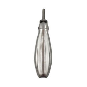 May include: A silver door knocker with a ribbed design. The knocker is shaped like a teardrop and has a screw on top.