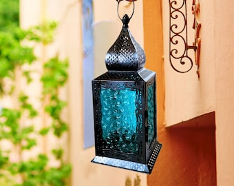 Blue Stained Glass Moroccan Style Hanging Lantern