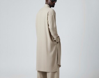 Men's Beige Linen Wide Leg Pants | Relaxed Fit Elastic Waist Trousers
