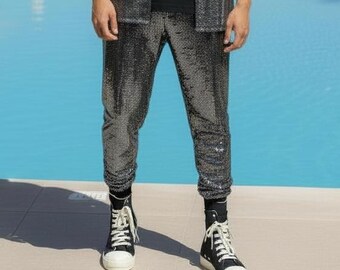 Pantalón deportivo metálico moderno para hombre, ideal para festivales rave y discotecas, estilo Burning Man, cintura elástica.