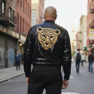 Black Sequin Bomber Jacket with Gold Leopard Patch | Streetwear Sparkle Party Wear