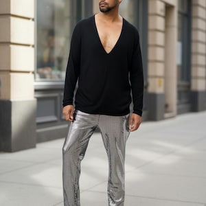 Long Sleeve Deep V Neck Tee Shirt | Drop Shoulder T Shirt | Black Drape Jersey