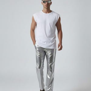 Mens Metallic Silver Flared Pants: Spandex Disco Rave Bell Bottoms