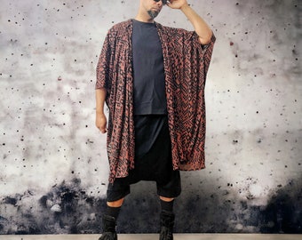 Tribal Jersey Poncho, Brown And Black Burnout Jersey, Lightweight Caftan, Kimono Collar Unisex One-size, Great laying Piece