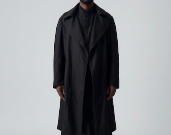 Herren Schwarzer Leinen Trenchcoat | Leichte, ungefütterte Avantgarde-Lange Jacke