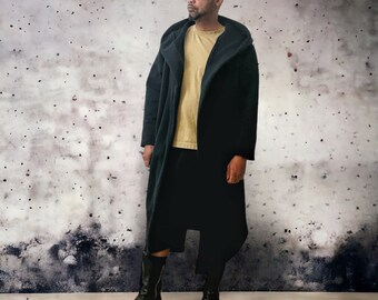 Black Oversized Hood Cloak - Cozy Fleece Coat Cardigan, Asymmetrical Long-line Cardigan - Dune Style Desert Wear