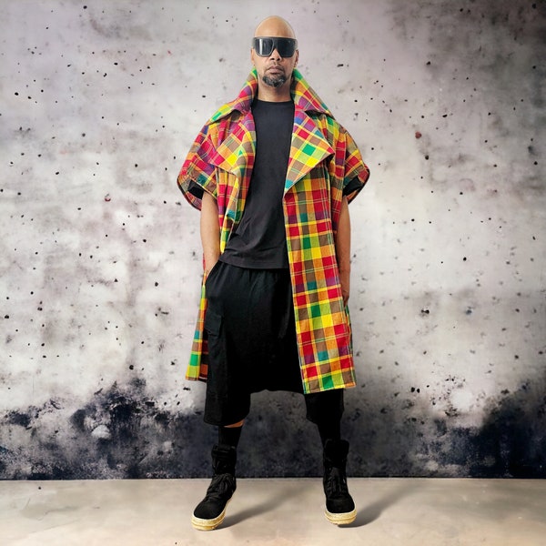 Rainbow Plaid Collard Poncho Cape, Unisex Poncho Coat, Cotton Plaid Oversized Coat, Plaid Cape, Cotton Poncho, Festival Cotton Tunic, Unisex