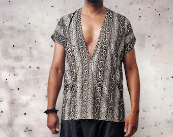 Print Snake Deep V Neck Tee Shirt | Drop Shoulder T Shirt | Digital Snake Print Drape Jersey 19" Drop
