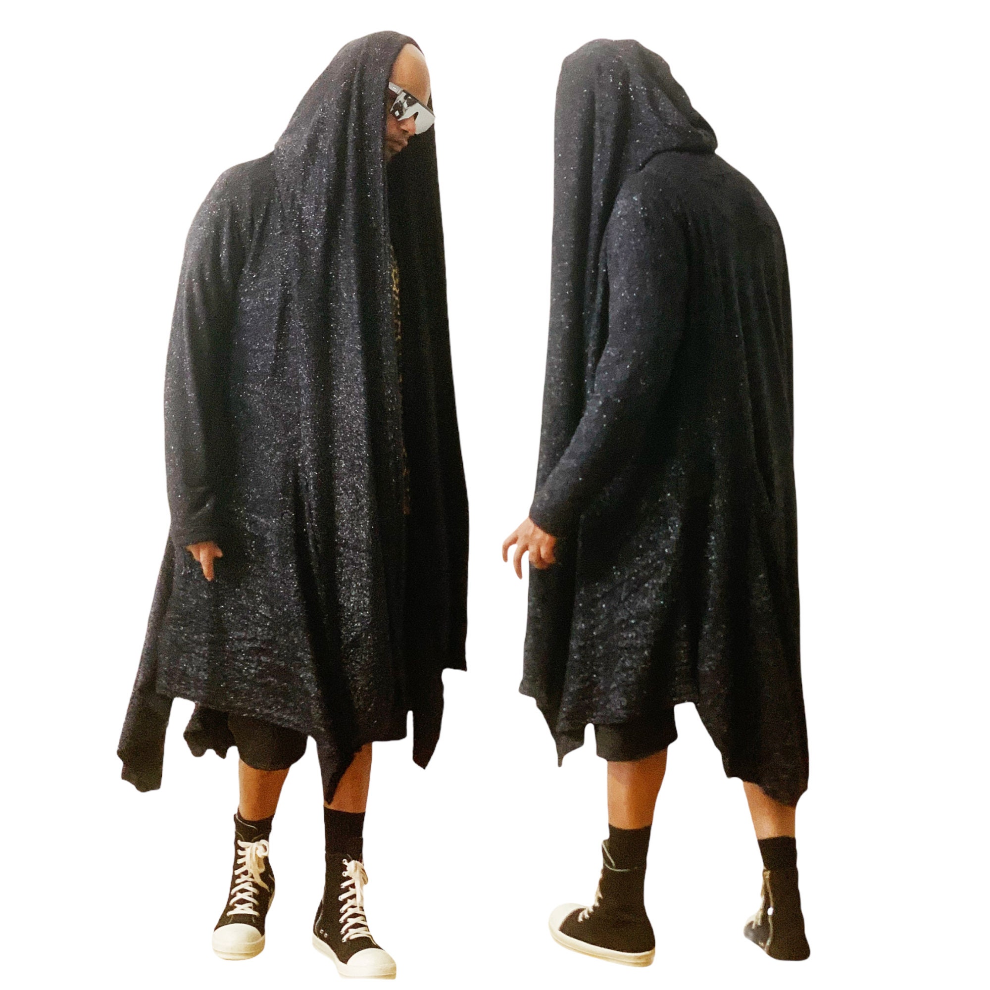Black Techwear Cloak Hood Robe Cardigan Gothmetallic Lurex | Etsy UK