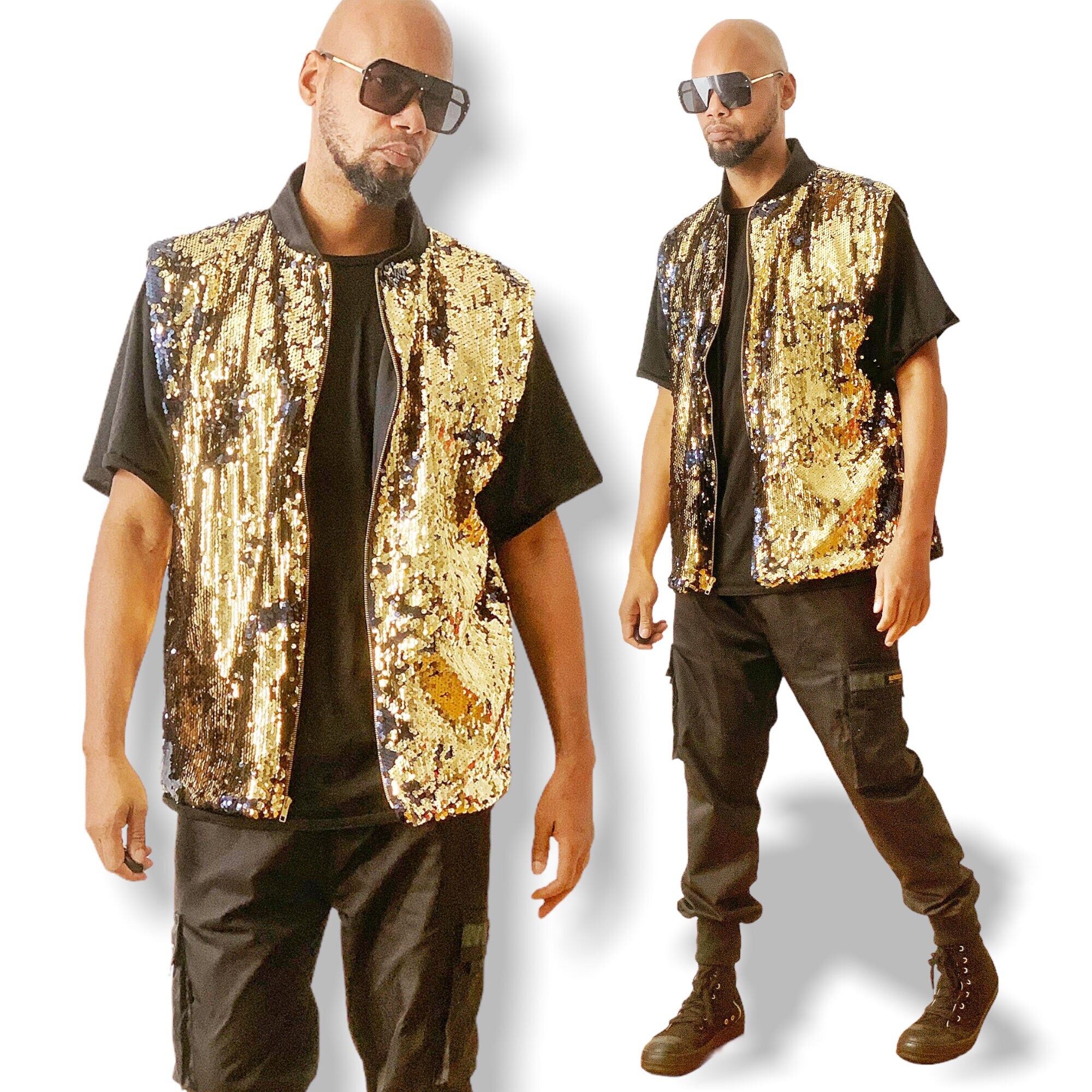 Mens Festival Sequin Bomber Jacket Sleeveless Vest Mid Night Blue to Gold Reversible Sequin Zip Front Sleeveless Jackets for Party Events