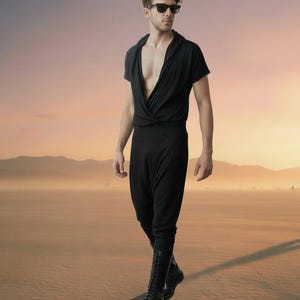 Mens Black Jersey Jumpsuit: Drape Front Hooded Romper