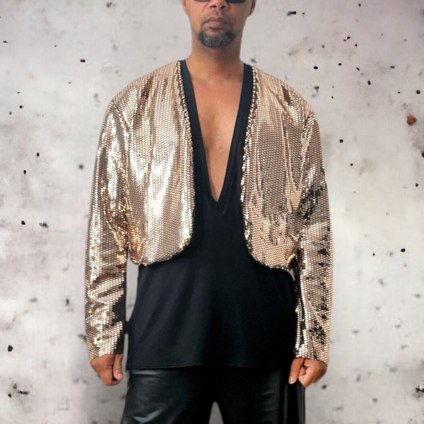 Mens Gold Matador Inspired Jacket, Gold Hexagon Pattern,  Metallic Coated Cropped Jacket, Mens Waist Jacket