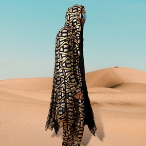 Aztec/Tribal Gold Sequin Hood Kimono Cloak Cardigan Hankercheif Swing Hem Mesh Sequin Robe Fully Lined Burningman Festival Fashion image 4