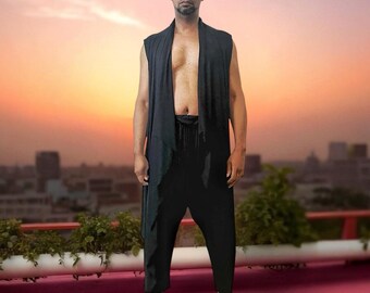 Men’s Futuristic Black Drape Vest | Sleeveless Festival Top | Cyberpunk Samurai Streetwear | Burning Man Outfit